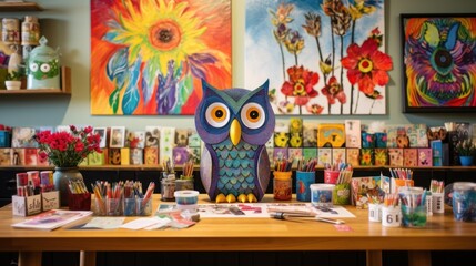  an owl statue sitting on top of a wooden table in front of a bunch of art work on the wall.