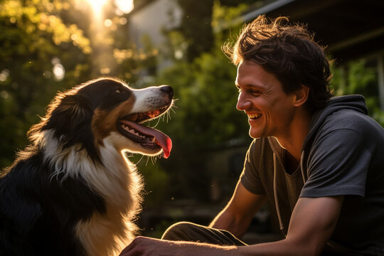 A spirited American teenager sharing laughter while engaging in a game of catch with his agile Border Collie in a sunlit backyard, illustrating the playful bond between youth and c