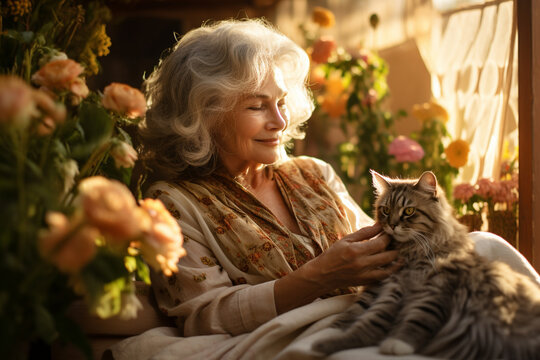 A French grandmother enjoying a calm moment as she strokes the fur of her contented Persian cat on a charming balcony, illustrating the gentle and serene bond between seniors and t