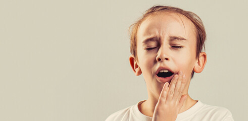 Toothache as dental pain. Dentist concept. Child suffer from toothache. Anti toothache remedy....
