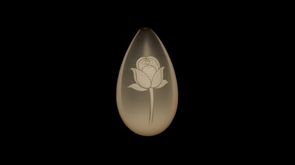  a glass vase with a drawing of a flower on the bottom of it, on a black background, with a reflection of a flower on the bottom of the vase.
