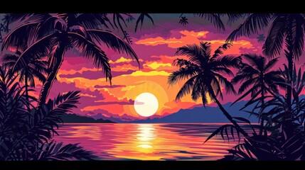 Hand drawn tropical sunset background      - obrazy, fototapety, plakaty