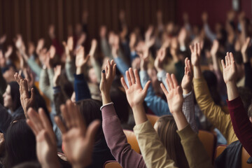 Cheers in class, Close up view of hands expressing enthusiasm in a lecture hall.