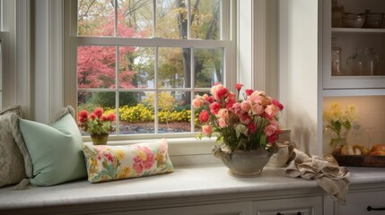  a vase filled with flowers sitting on top of a window sill next to a window sill filled with flowers.