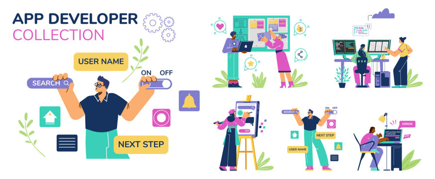 App developer collection, set of vector on white, flat cartoon style