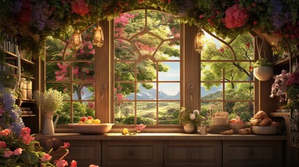 Fototapeta premium a painting of a window with flowers on the outside and a view of the outside of the window and the outside of the window.