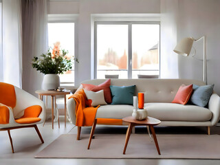 White sofa and armchairs in scandinavian style red pillows,