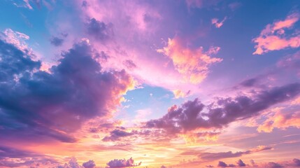 Naklejka na ściany i meble Real majestic sunrise sundown sky background with gentle colorful clouds without birds. Panoramic, big size 