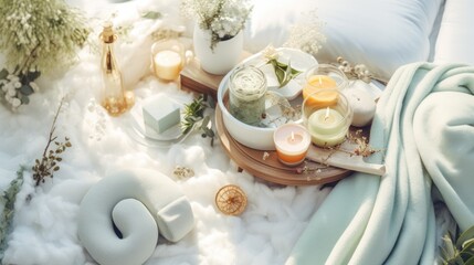  a tray with candles, candles, and other items on a bed covered in white fluffy blankets and a blanket.