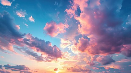 Real majestic sunrise sundown sky background with gentle colorful clouds without birds. Panoramic, big size    - obrazy, fototapety, plakaty