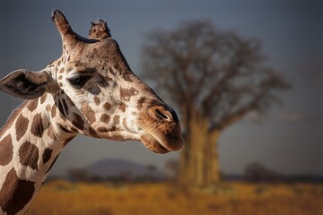 Close-up of a giraffe against the backdrop of a romantic savannah at sunset