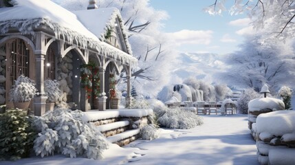  a winter scene of a house with snow on the ground and a bench in front of it and a lot of snow on the ground.