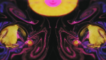 Glitter paint mix. Ink kaleidoscope. Occult mystery. Defocused pink blue yellow color mist bubbles...