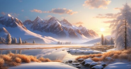 The ultra-realistic beauty of a snowy wilderness at dawn. The first light of the sun touches the snow-covered mountains and trees - Generative AI