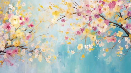  a painting of a tree with pink, yellow, and white flowers on a blue background with a blue sky in the background.