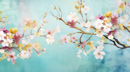  a painting of a branch with pink, yellow and white flowers on a blue background with a blue sky in the background.