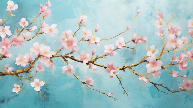  a painting of a branch with pink and white flowers on a blue background with a blue sky in the background.