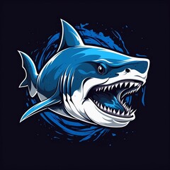 Blue and white shark marine predator big open mouth. Isolated on dark blue background