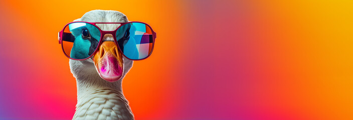 funny duck with sunglasses on colorful background - obrazy, fototapety, plakaty
