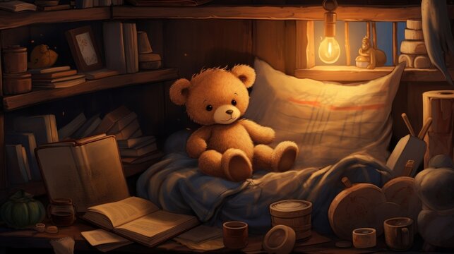  a brown teddy bear sitting on top of a bed in a room filled with lots of books and other items.