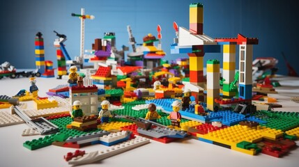  a bunch of legos sitting on top of a table with a lot of them on top of the table. - obrazy, fototapety, plakaty