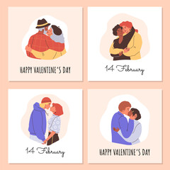 Two lovers hugging and kissing, enamored romantic couple spending time together, happy valentines day vector posters set
