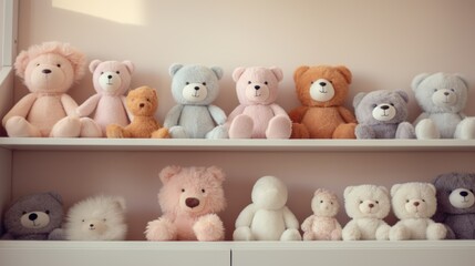  a row of stuffed teddy bears sitting on top of a white shelf on top of a white bookcase next to a window.