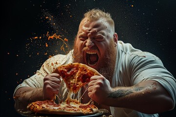 A chubby bodybuilder with massive arms, smiling with a Pizza.