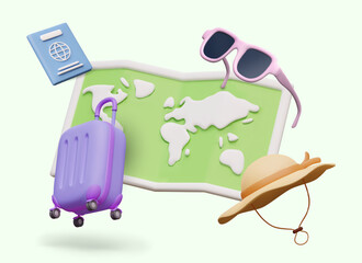 Concept of tourism and traveling abroad. Realistic passport, pink sunglasses, purple trolley bag for transporting things, beautiful hat and open paper map. Vector illustration in 3d cartoon style