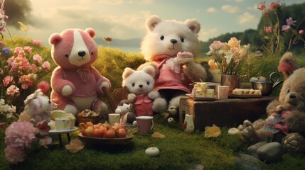  a group of teddy bears sitting next to each other on top of a lush green field next to a forest.