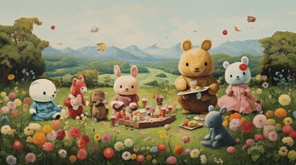  a painting of a group of stuffed animals sitting in a field with a picnic table full of food and drinks.