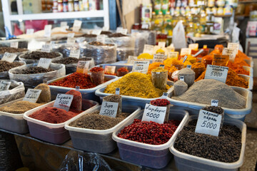 Assortment stall of seeds and spice for sale in local bazaar of organic local ecological food in...