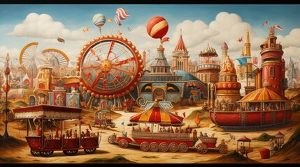  a painting of an amusement park with a ferris wheel and a ferris wheel in the foreground and a ferris wheel in the background.
