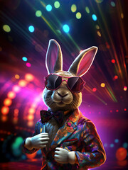 disco rabbit wearing sunglasses in a dance club. AI generated