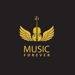 gold violin icon with wings isolated on black background