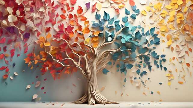 Tree with colorful leaves painting illustration