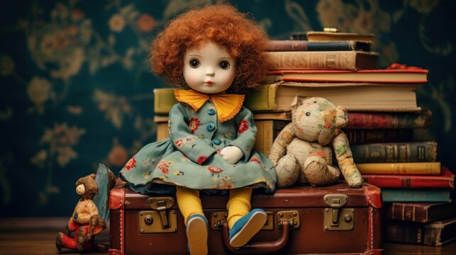  a doll sitting on top of a pile of books next to a teddy bear and a teddy bear sitting on top of a suitcase.