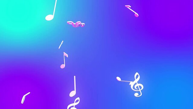 sheet music shapes flying up in gradient purple modern background. Animation with music items decoration