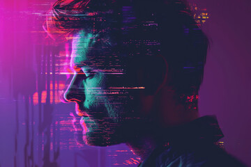 Portrait of a young man in front of a glitch background. - obrazy, fototapety, plakaty