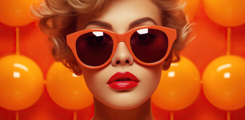 A captivating portrayal of a confident woman donning vibrant red sunglasses and exuding allure with her bold red lipstick