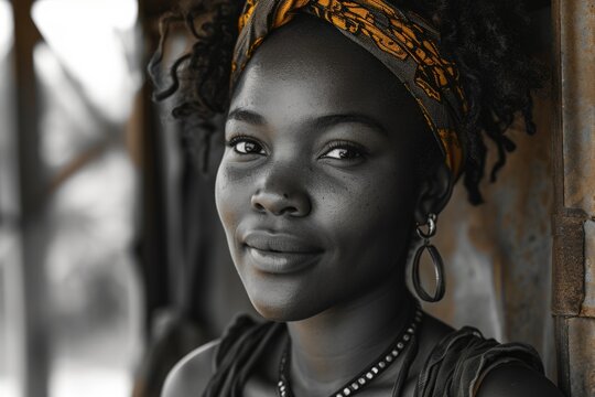 Beautiful young African woman in traditional clothes. Black and white photo.