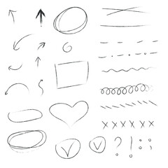 
Set of vector icons of coal arrows, circles, underlines, squares and hearts. Hand drawn drawings of various curved lines, arrow curls. Direction signs on a white background.