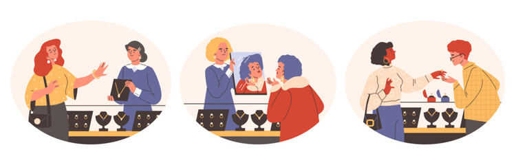Women in jewelry store, set of vector illustrations in cartoon style