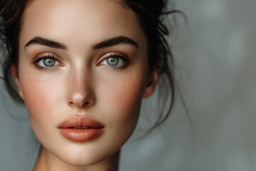 Close up portrait of young beautiful woman with blue eyes and perfect skin