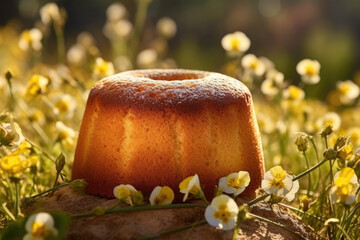 Homemade bundt cake on a stone in the meadow with yellow flowers