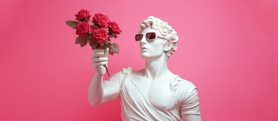 White sculpture of Apollo with a bouquet of red roses on a pink background. Banner. - obrazy, fototapety, plakaty