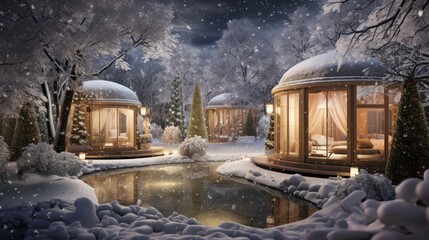  a winter scene with a gazebo and a pond in the middle of a snowy forest with a lot of snow on the ground.