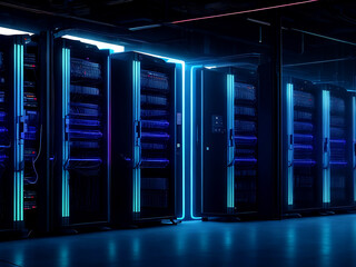 Modern Data Technology Center Server Racks in Dark Room with Digitalization of Internet Traffic