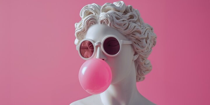 White marble Aphrodite wearing sunglasses with pink gum on pink background.