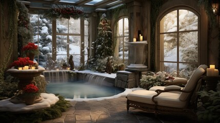 Fototapeta premium a room with a hot tub in the middle of it and a waterfall in the middle of the room next to it.